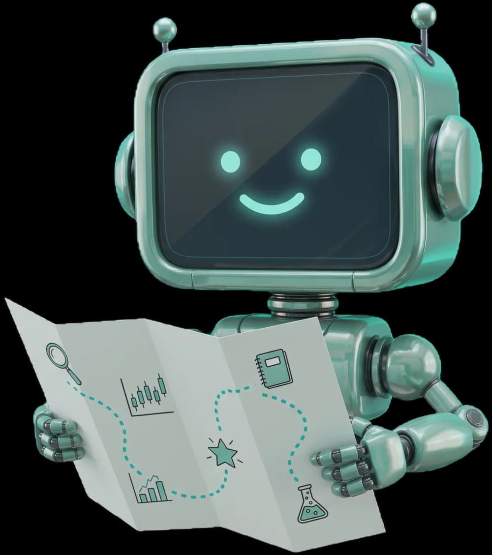 The CoinBob robot holding a map with a dotted path through the app