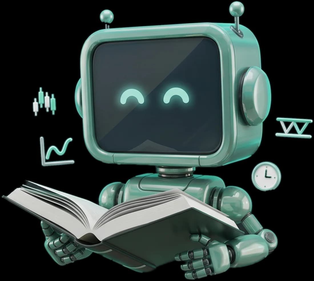 The CoinBob robot reading a thick book, with chart icons floating around it