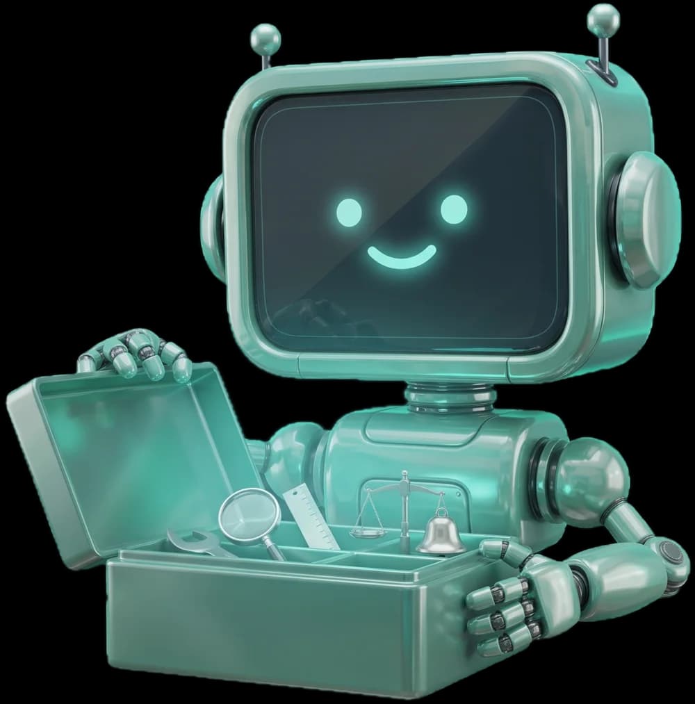 The CoinBob robot opening a glowing toolbox of trading tools